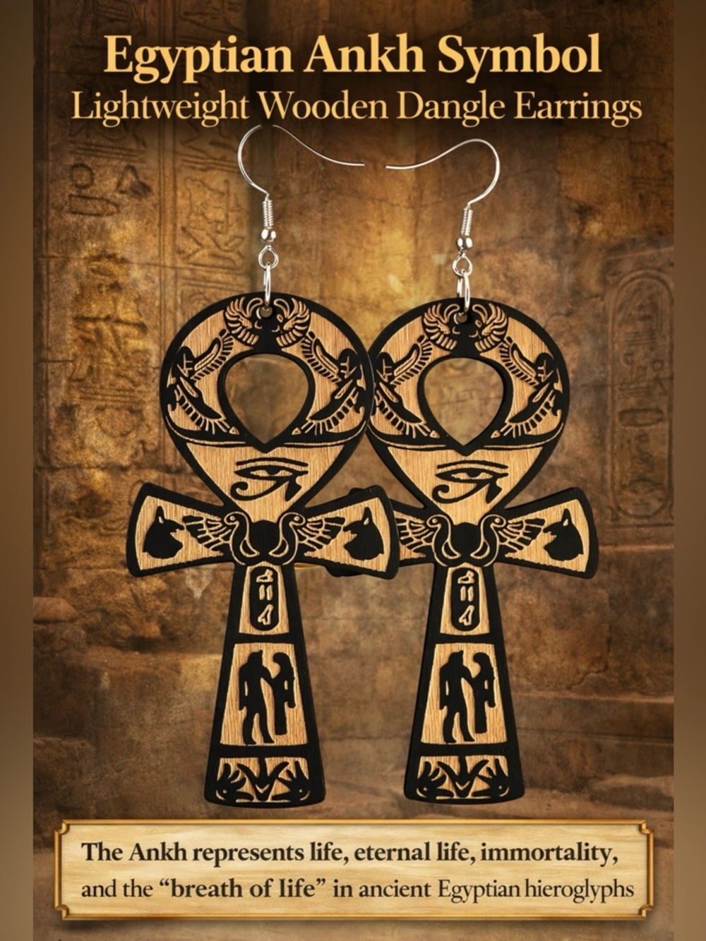 Egyptian Ankh Wooden Dangle Earrings - Black & Natural Wood-LIGHTWEIGHT